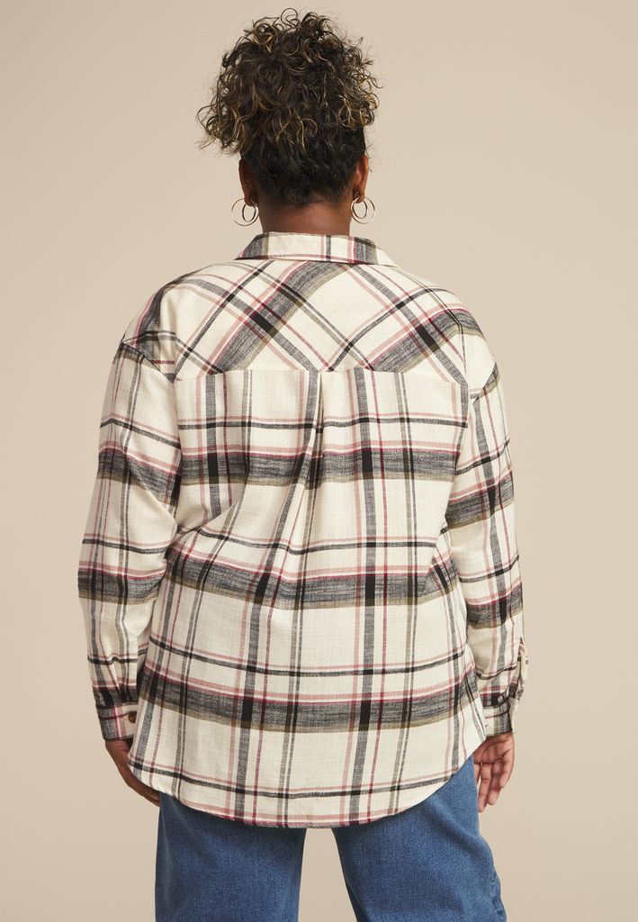 Plus Size Cabin Plaid Boyfriend Tunic Button Down Shirt - Image 2