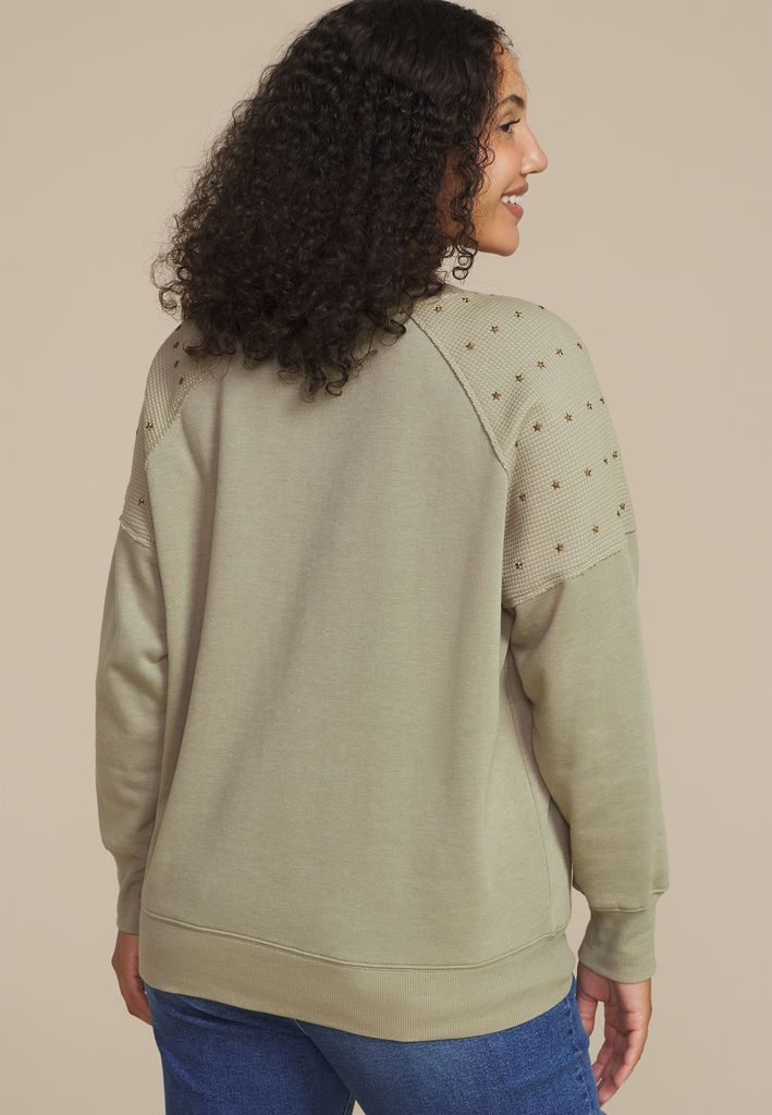 Plus Size Olive Embroidered Star Shoulder Sweatshirt - Image 2