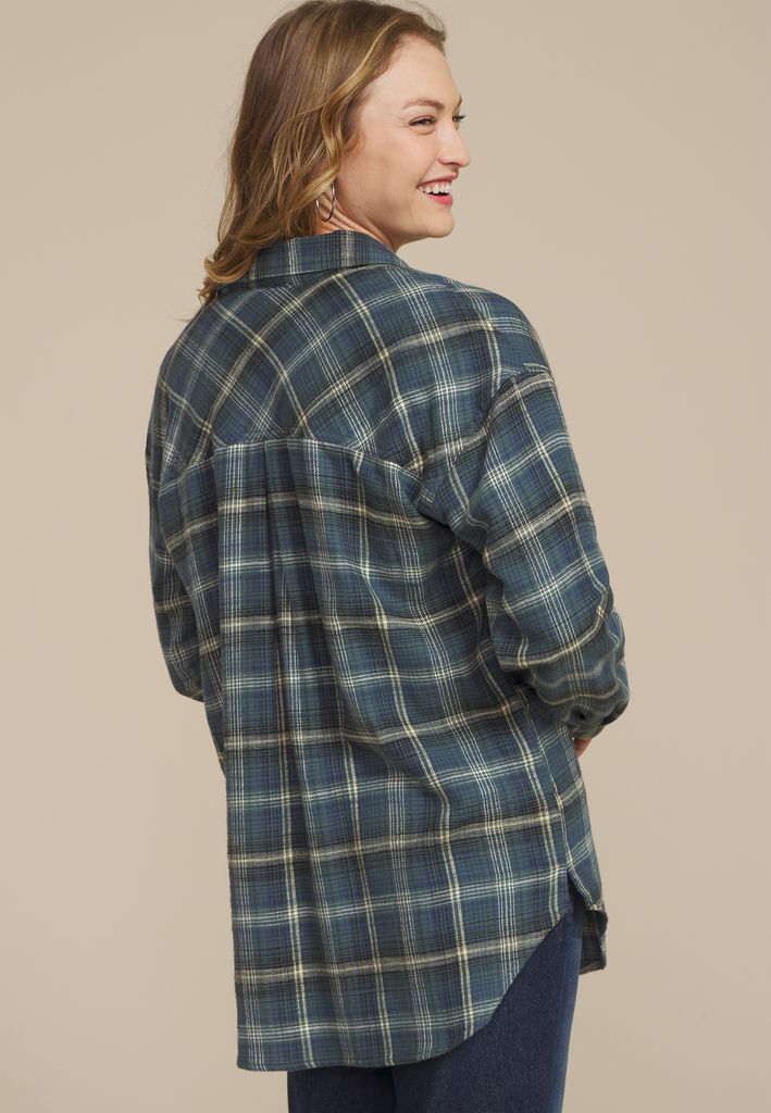 Cabin Plaid Boyfriend Tunic Button Down Shirt - Image 2