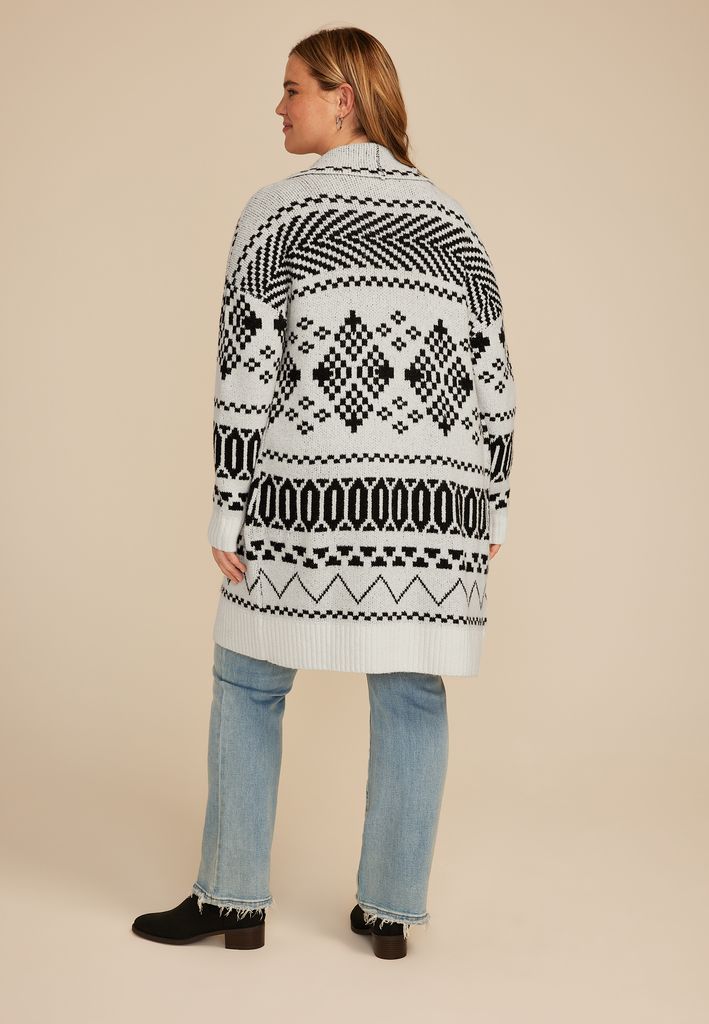 Plus Size Black and White Fair Isle Shawl Cardigan - Image 2