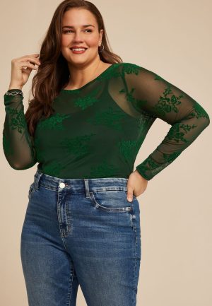 Plus Size Studio Y Flocked Floral Mesh Top