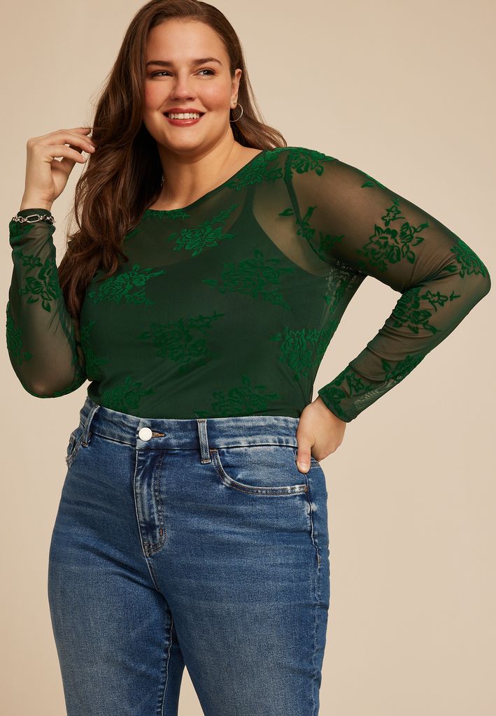 Plus Size Studio Y Flocked Floral Mesh Top