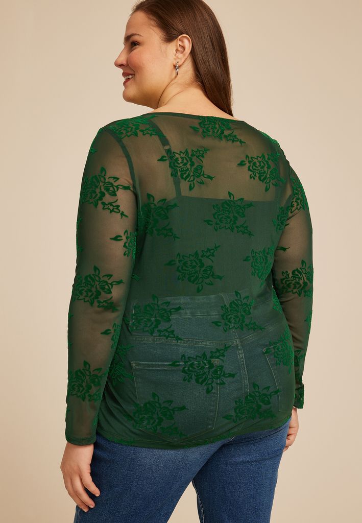 Plus Size Studio Y Flocked Floral Mesh Top - Image 2