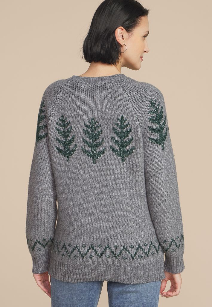 Gray Metallic Tree Fair Isle Crew Neck Sweater - Image 2