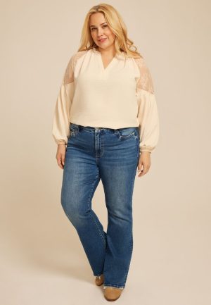 Plus Size Lace Shoulder Balloon Sleeve Blouse