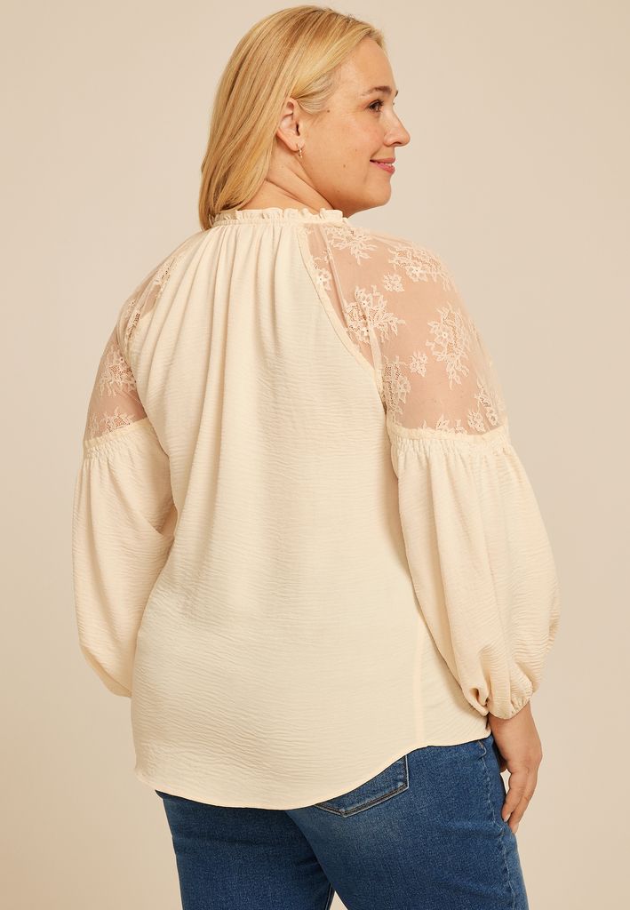 Plus Size Lace Shoulder Balloon Sleeve Blouse - Image 2