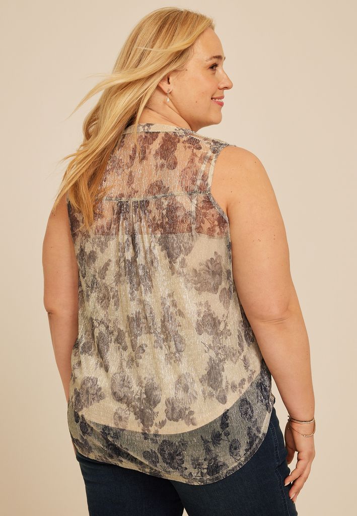 Plus Size Atwood Sheer Metallic Floral Tank Top - Image 2