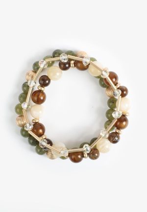 3 Pack Green Beaded Stretch Bracelet Set