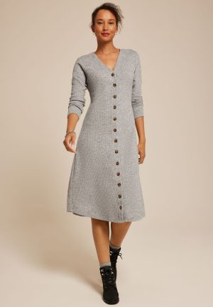 Ribbed Knit Button Front Midi Dress