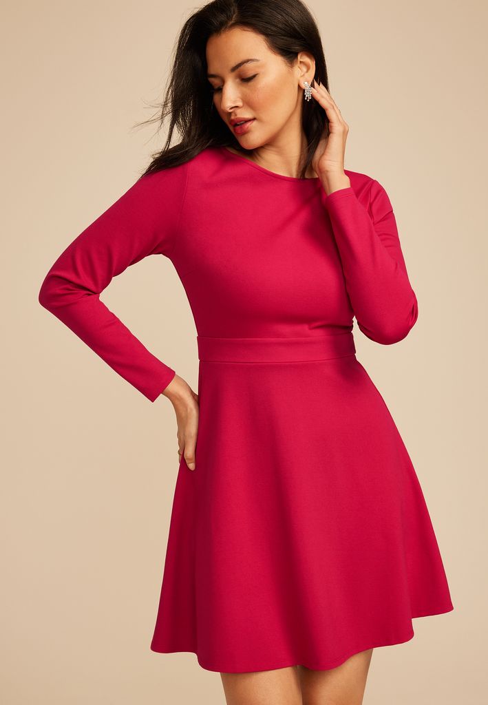 Red Ponte Long Sleeve Mini Dress