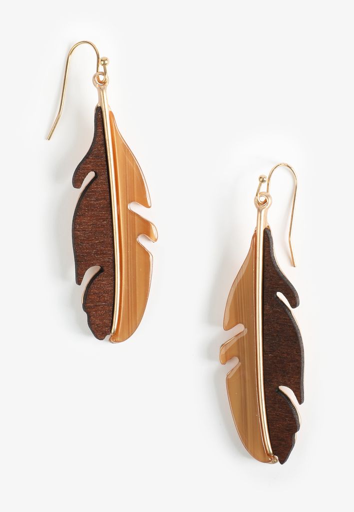 Wood Resin Feather Drop Earrings