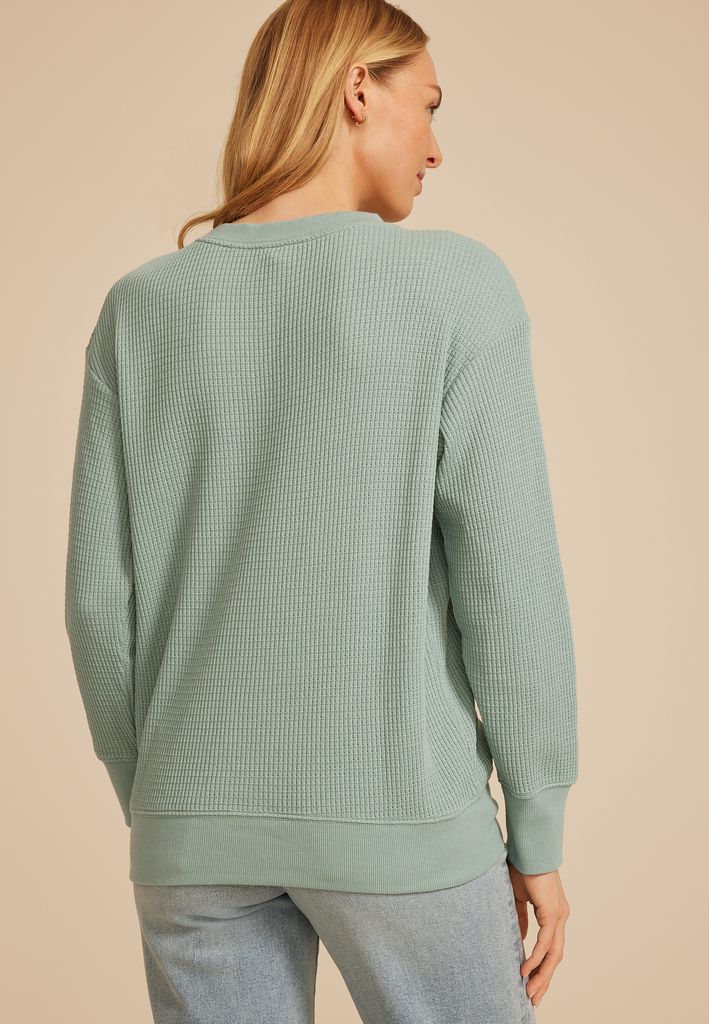 Waffle Knit Floral Embroidered Relaxed Fit Sweatshirt - Image 2