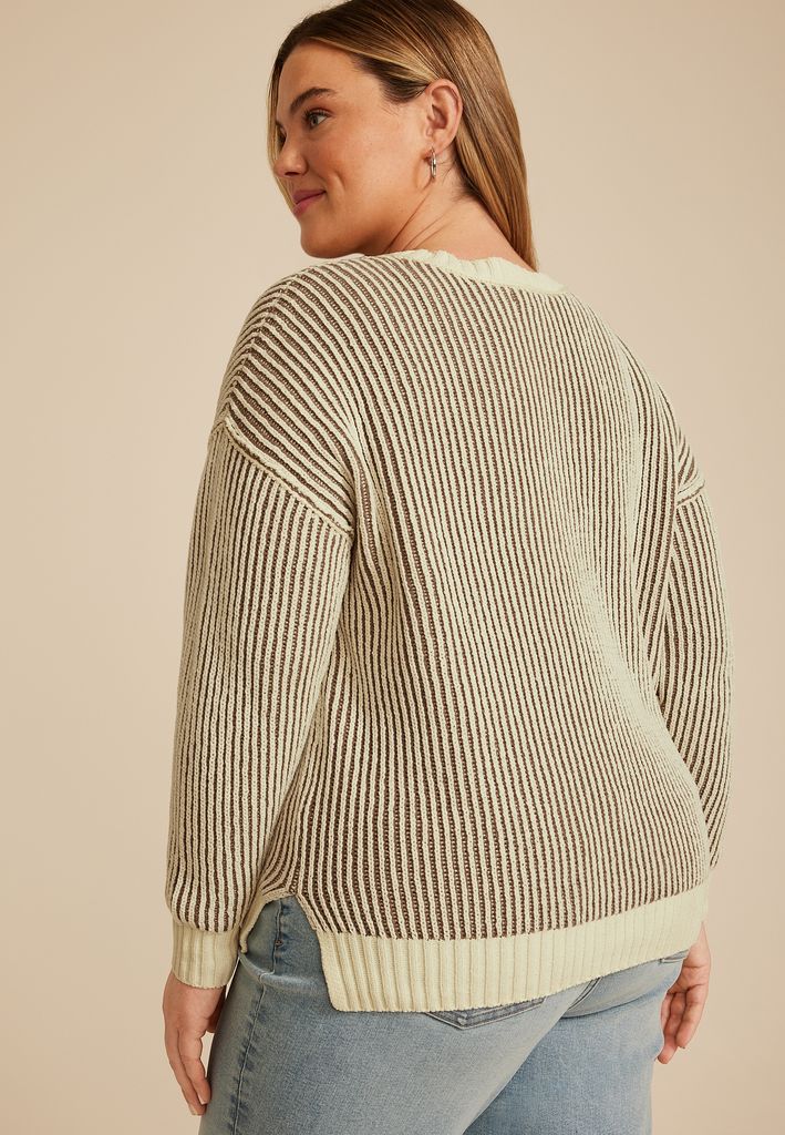 Plus Size Neutral Plaited Striped Sweater - Image 2