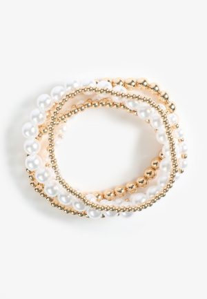 4 Pack Gold and Faux Pearl Beaded Stretch Bracelet Set
