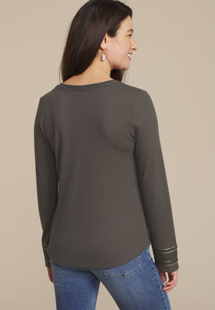 Sequin Embellished Waffle Knit Long Sleeve Tee - Image 2