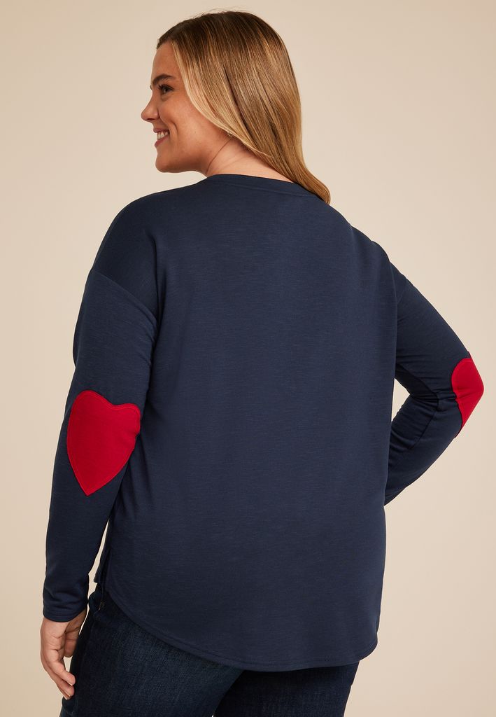 Plus Size Heart Elbow Patch Long Sleeve Tee - Image 2
