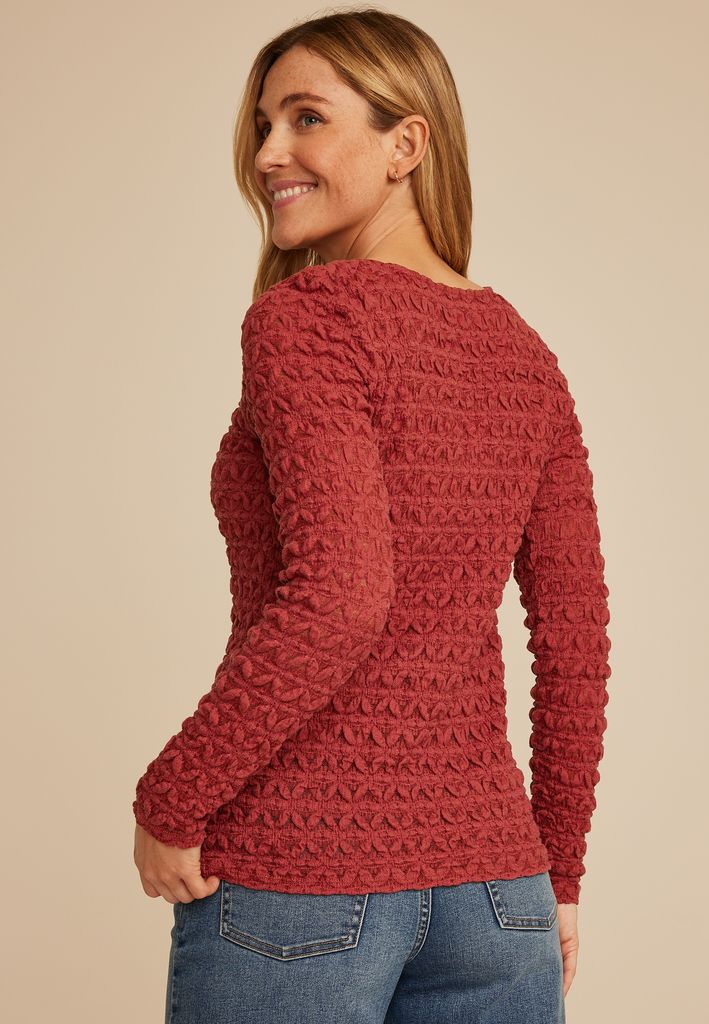 Textured Boat Neck Long Sleeve Tee - Image 2