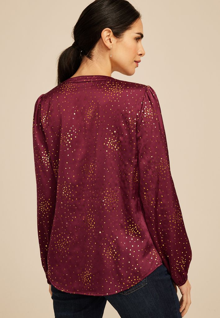 Metallic Dot Henley V Neck Satin Blouse - Image 2