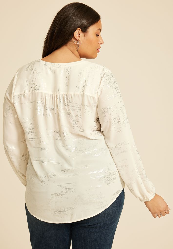 Plus Size Metallic Abstract V Neck Blouse - Image 2