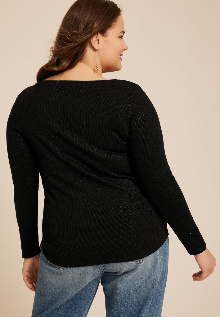 Plus Size Studio Y Shimmer Ribbed Cutout Knit Top - Image 2
