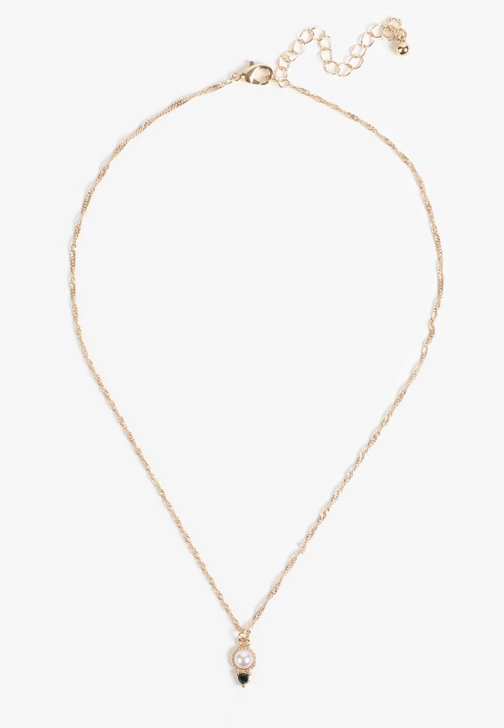 Faux Pearl & Emerald Stone Necklace - Image 2