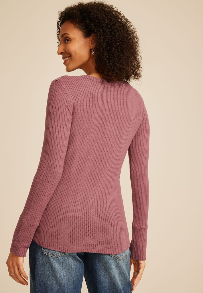 Pointelle Notch Neck Ribbed Long Sleeve Tee - Image 2