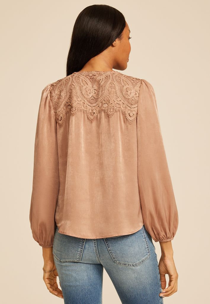Lace Yoke Satin Peasant Blouse - Image 2