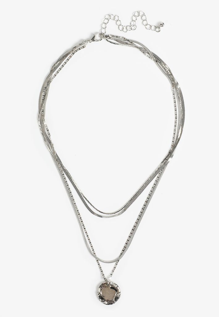 Silver Hammered Coin Pendant Layered Necklace - Image 2