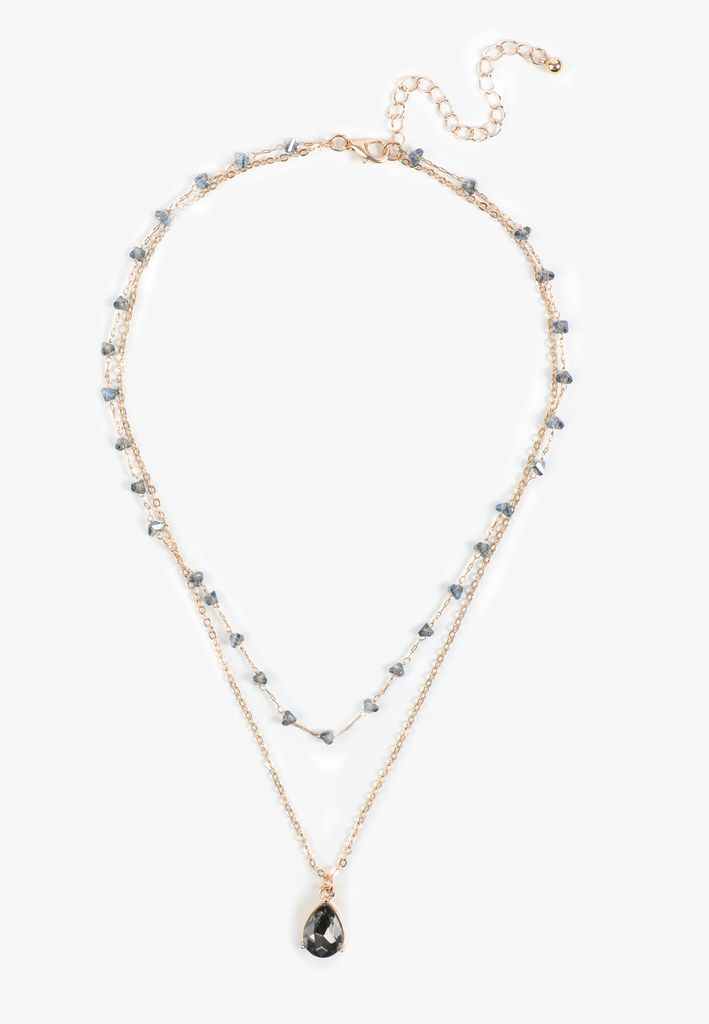 Smokey Blue Teardrop Pendant Layered Necklace - Image 2